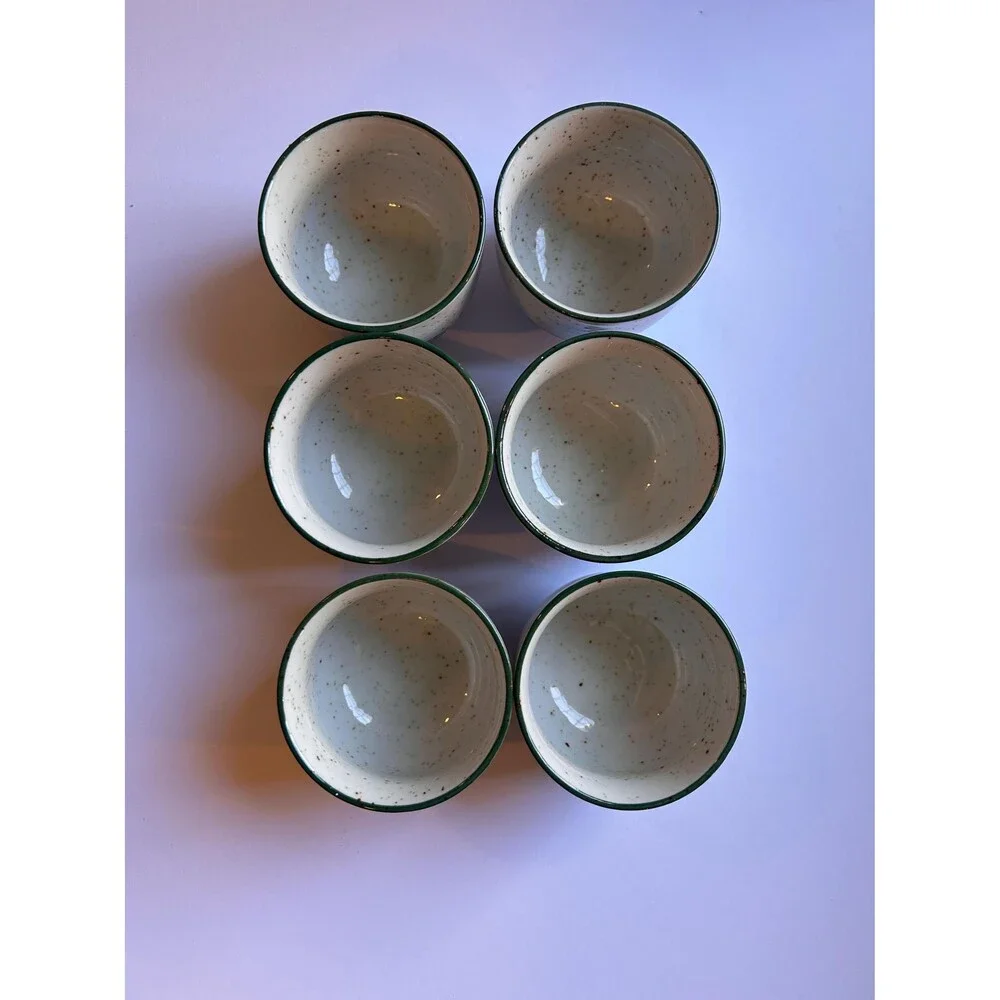 Vintage Stoneware Teapot & 6 Cups, Speckled Ceramic Tea Set, Green Stripe